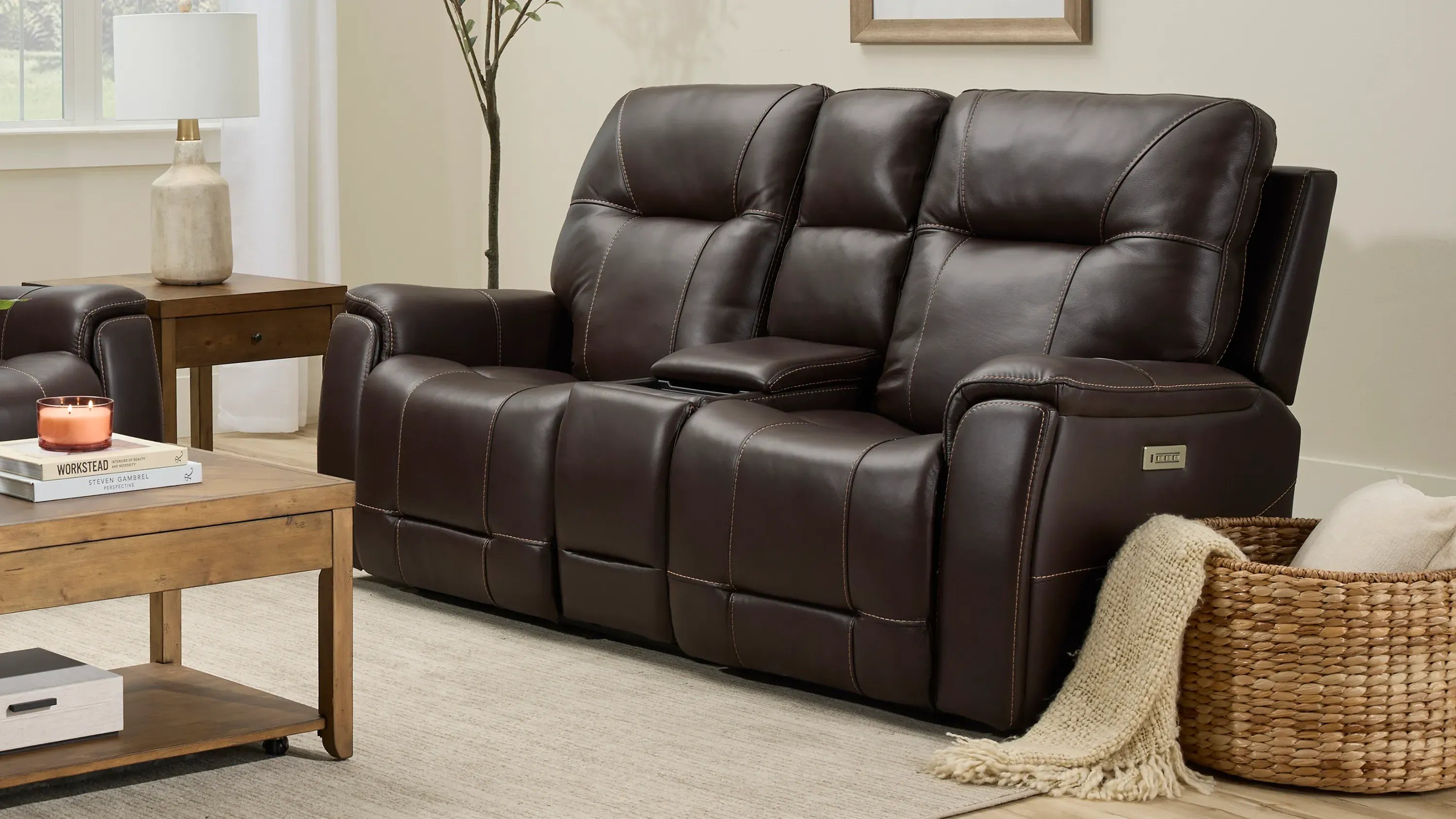 Barnett Leather Layflat Power Console Loveseat w/ Power Headrest and Lumbar