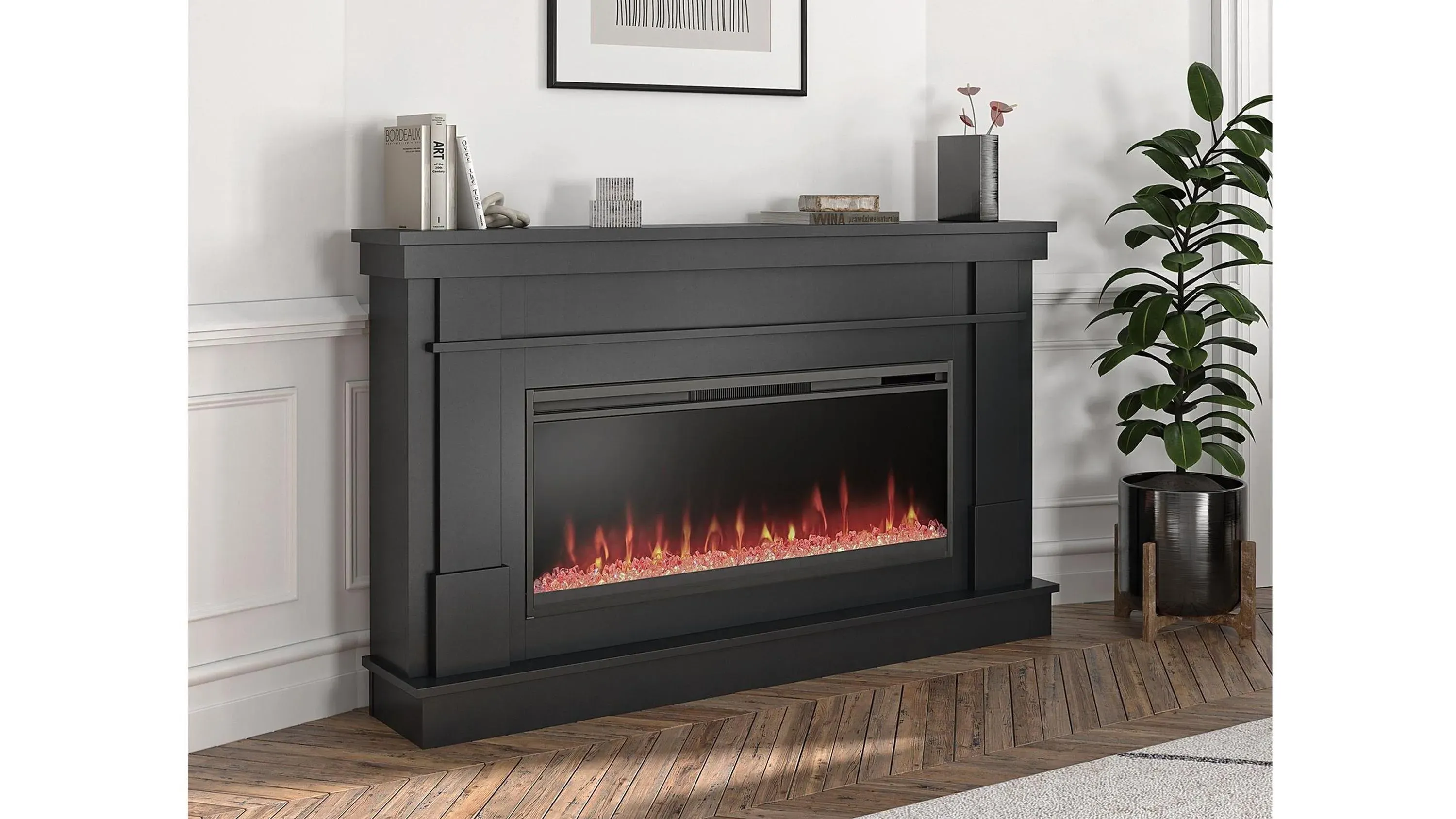 Waverly Wide Mantel with Linear Electric Fireplace Crystal Ember Bed Black