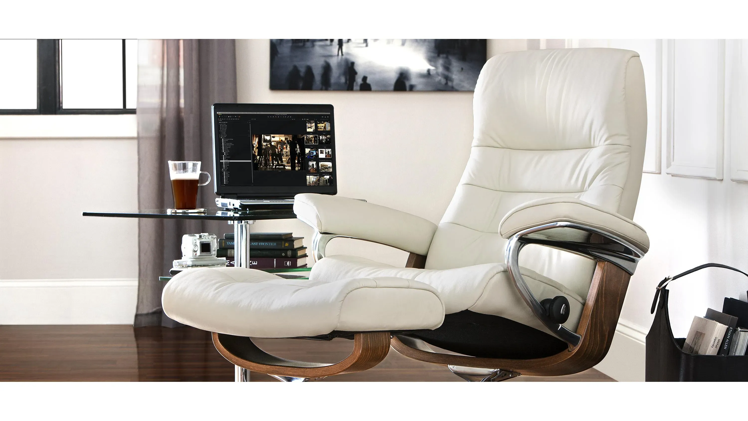 Stressless Opal Medium Leather Reclining Chair and Ottoman