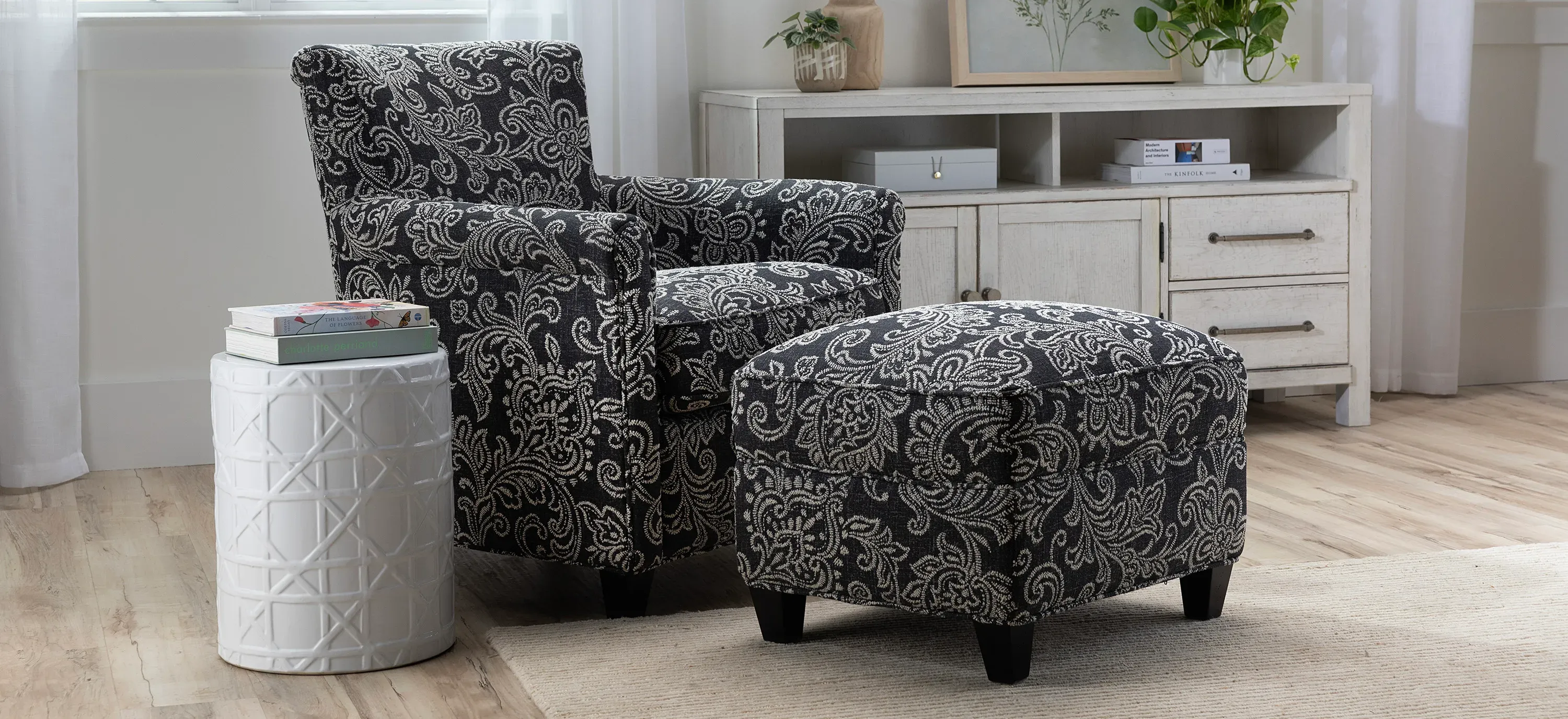 Black and white accent chair with ottoman sale