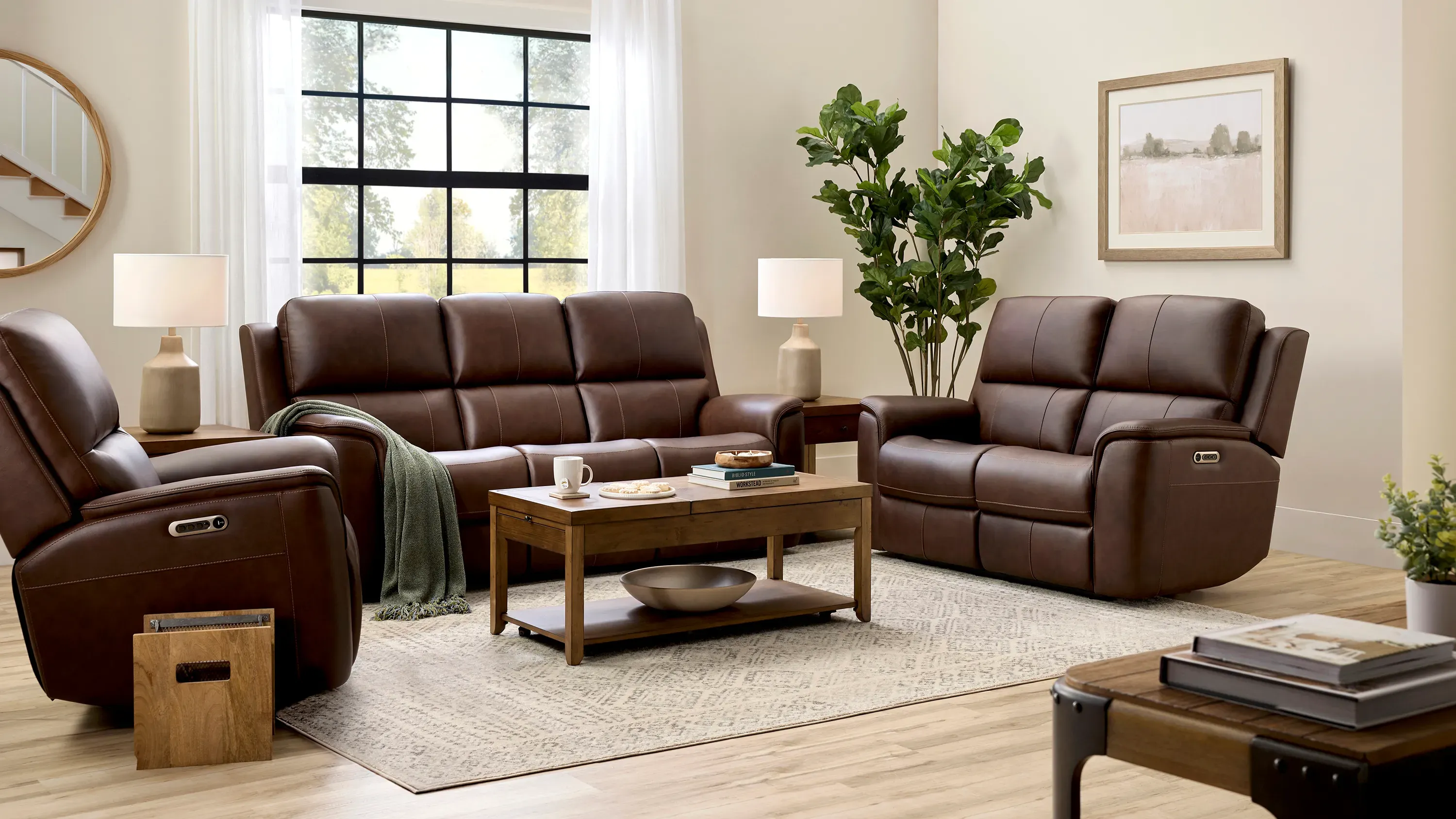 Henrick Triple Power Leather Sofa w/ Drop Down Table | Raymour