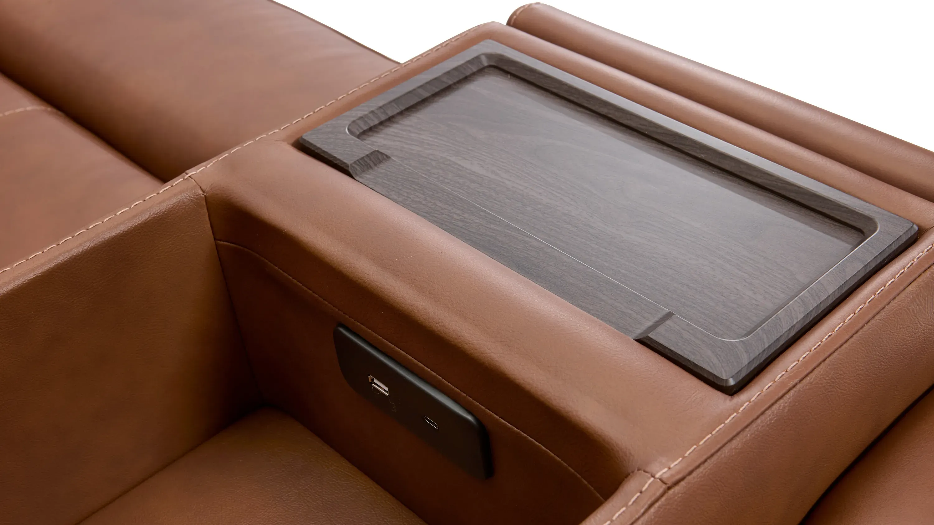 Henrick Triple Power Leather Console Loveseat | Raymour & Flanigan