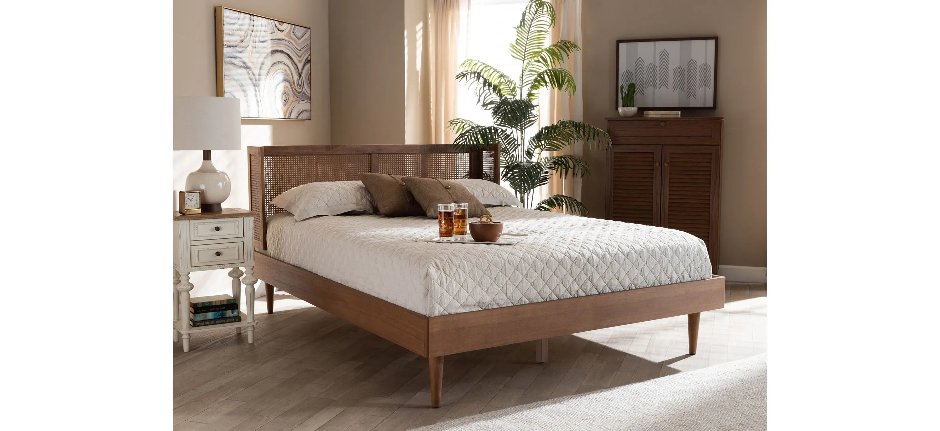 Rina Mid-Century King Size Platform Bed with Wrap-Around Headboard