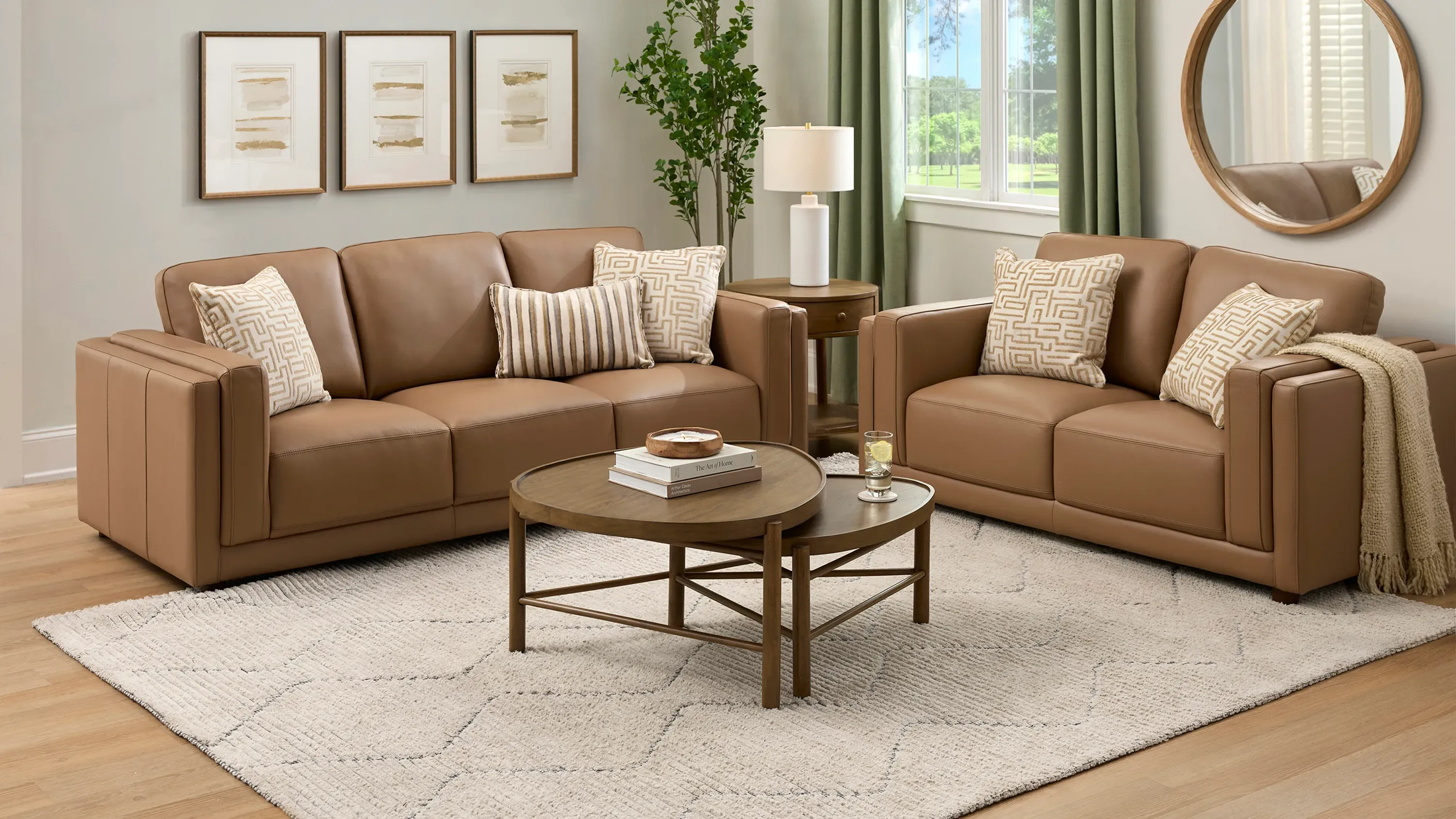 新品　オットマン付き　ソファ　【marni】（マーニ）　サンドブラウン Marni Leather Sofa | Raymour & Flanigan