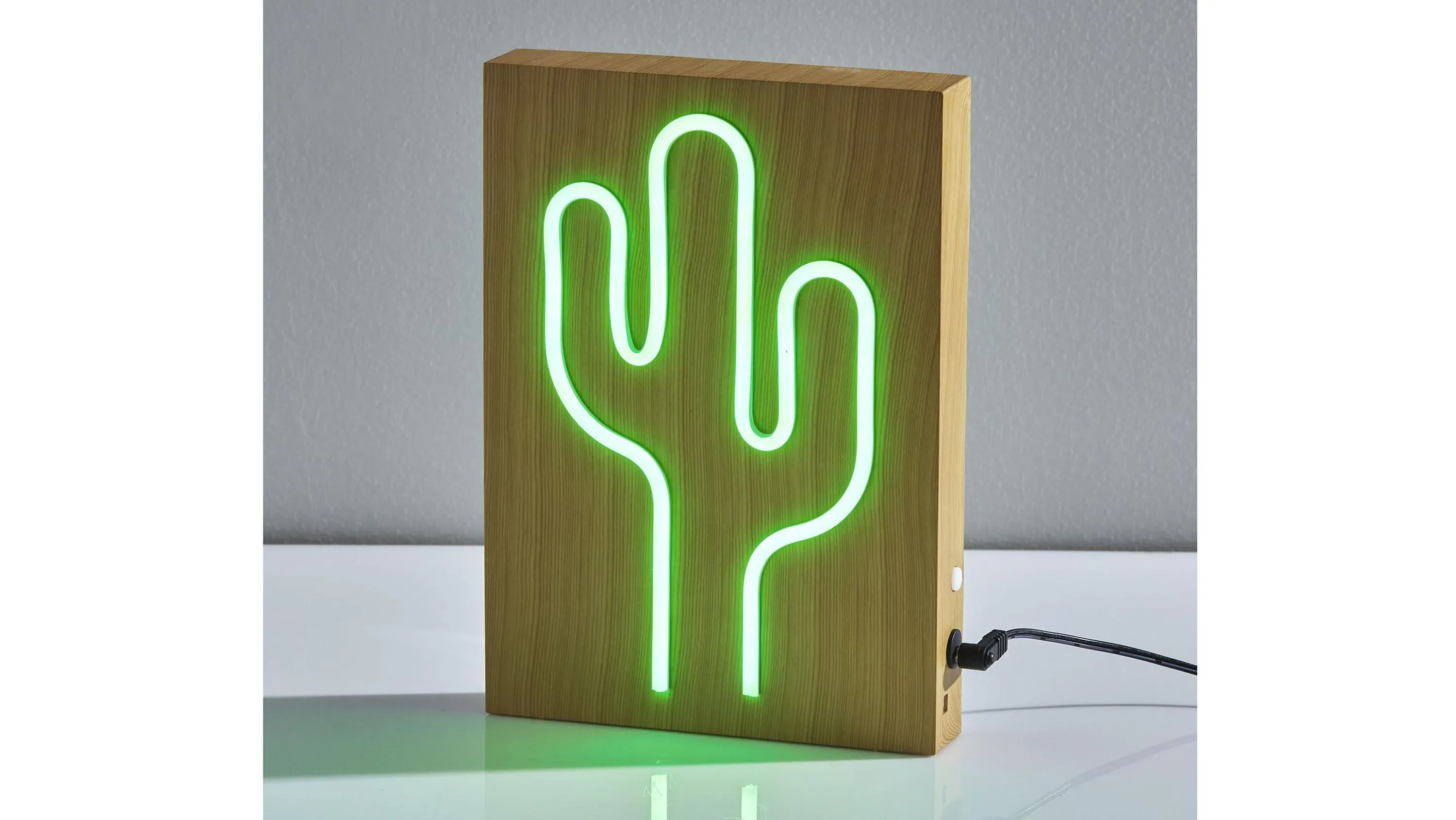 Simplee Adesso Wood Framed Neon Cactus Table/Wall Lamp