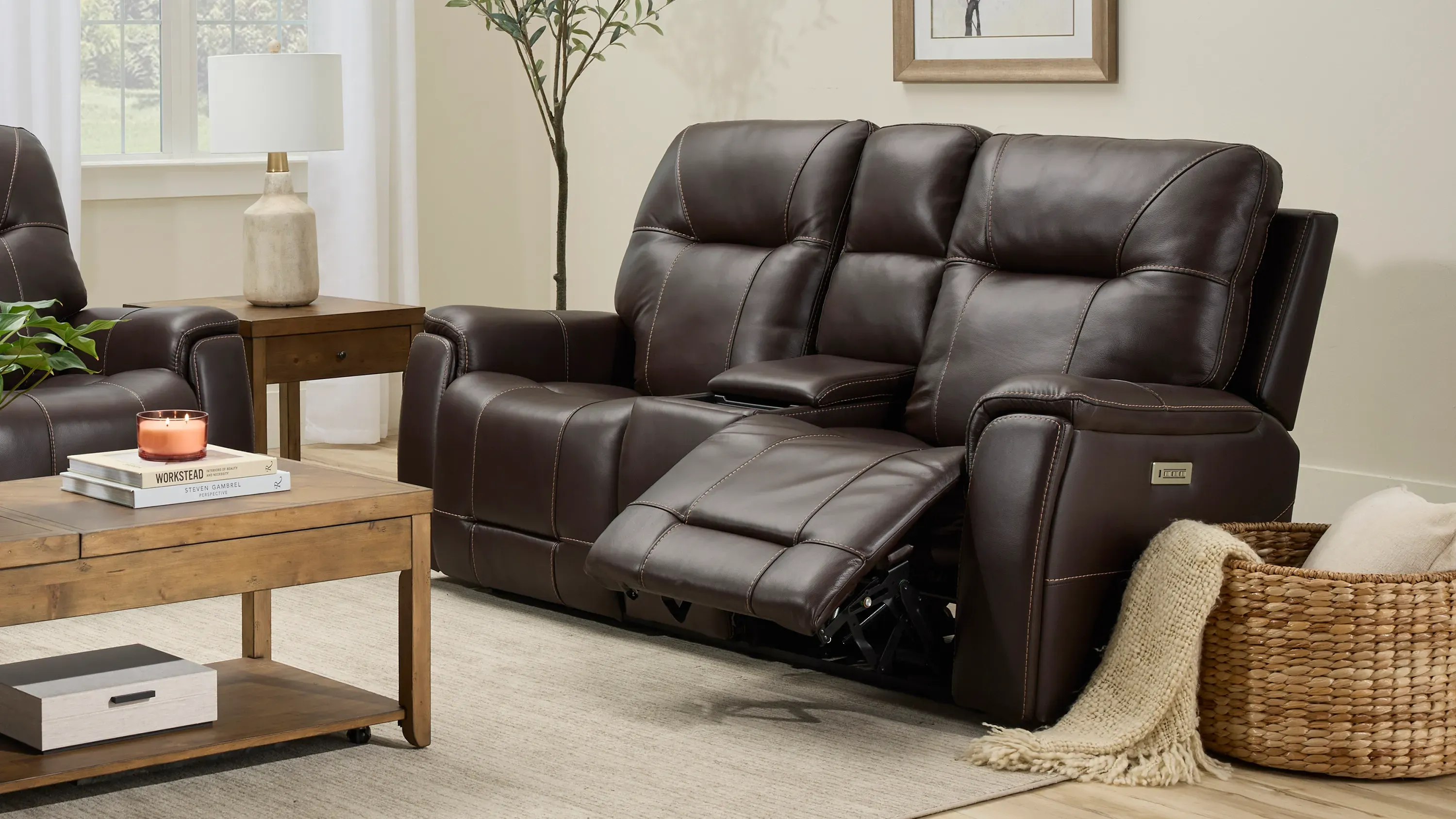 Barnett Leather Layflat Power Console Loveseat w/ Power Headrest