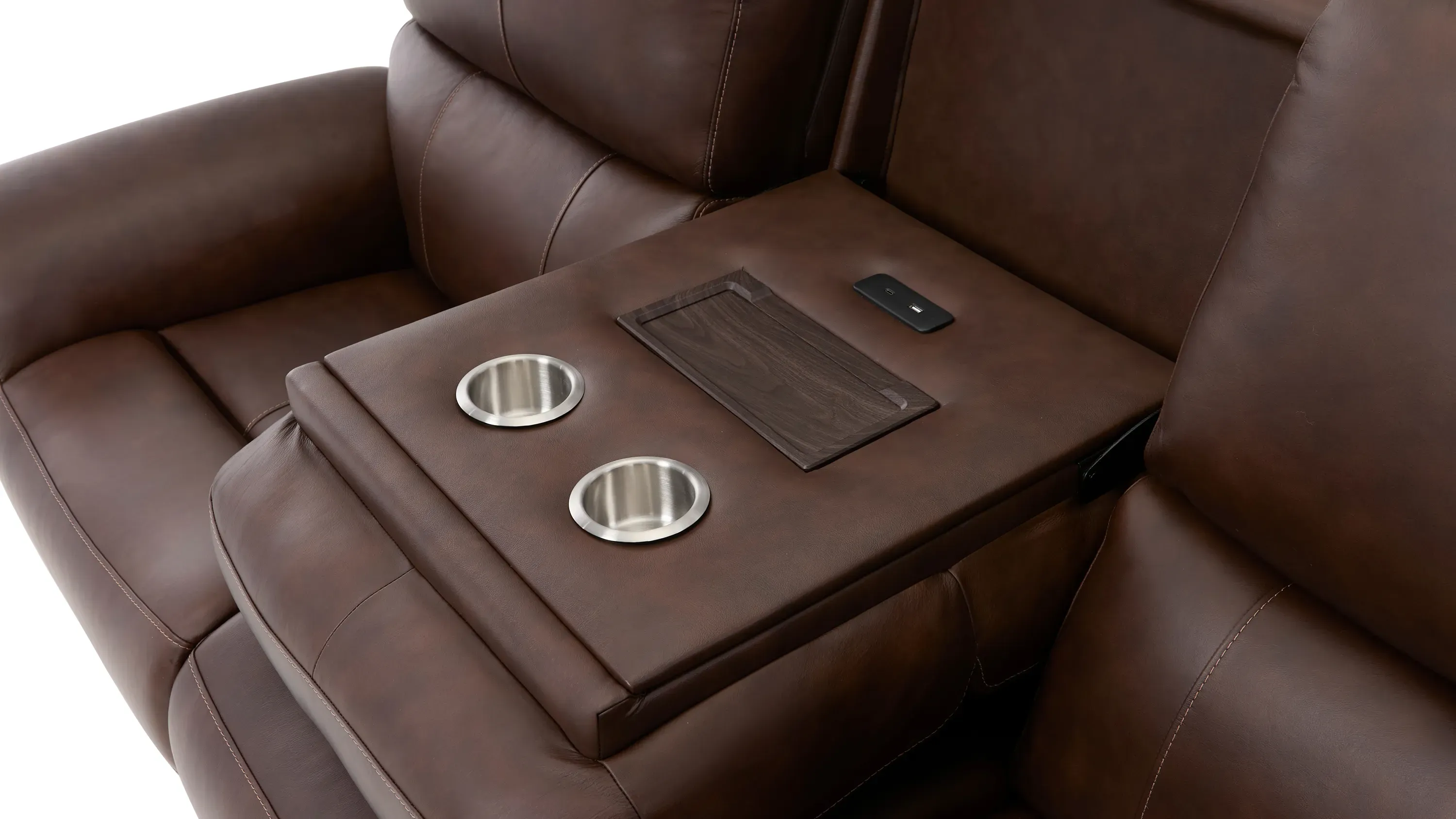 pairscassina 革オットマン Henrick Triple Power Leather Sofa w/ Drop Down Table | Raymour