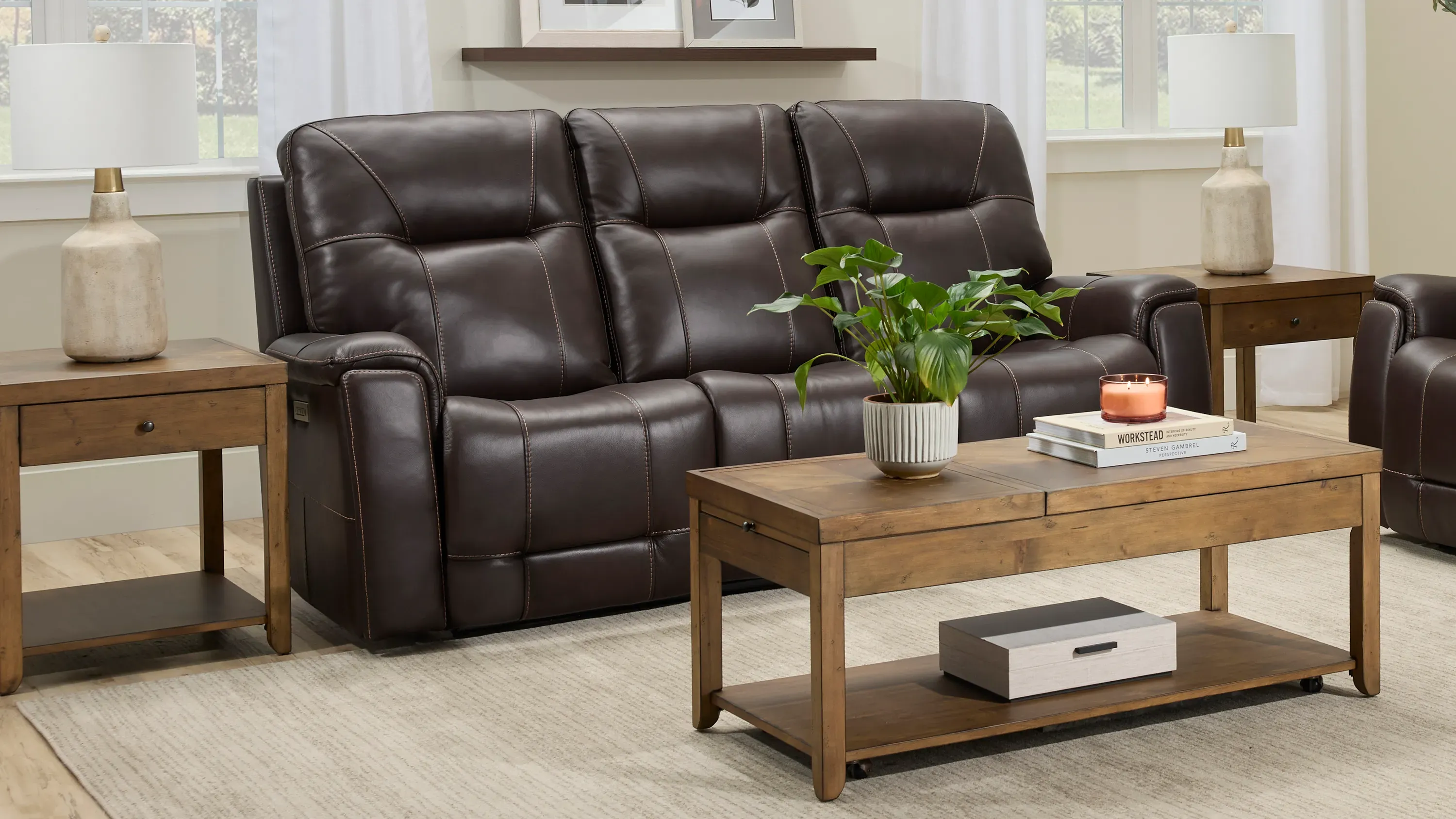 Barnett Leather Layflat Power Sofa w/ Power Headrest and Lumbar