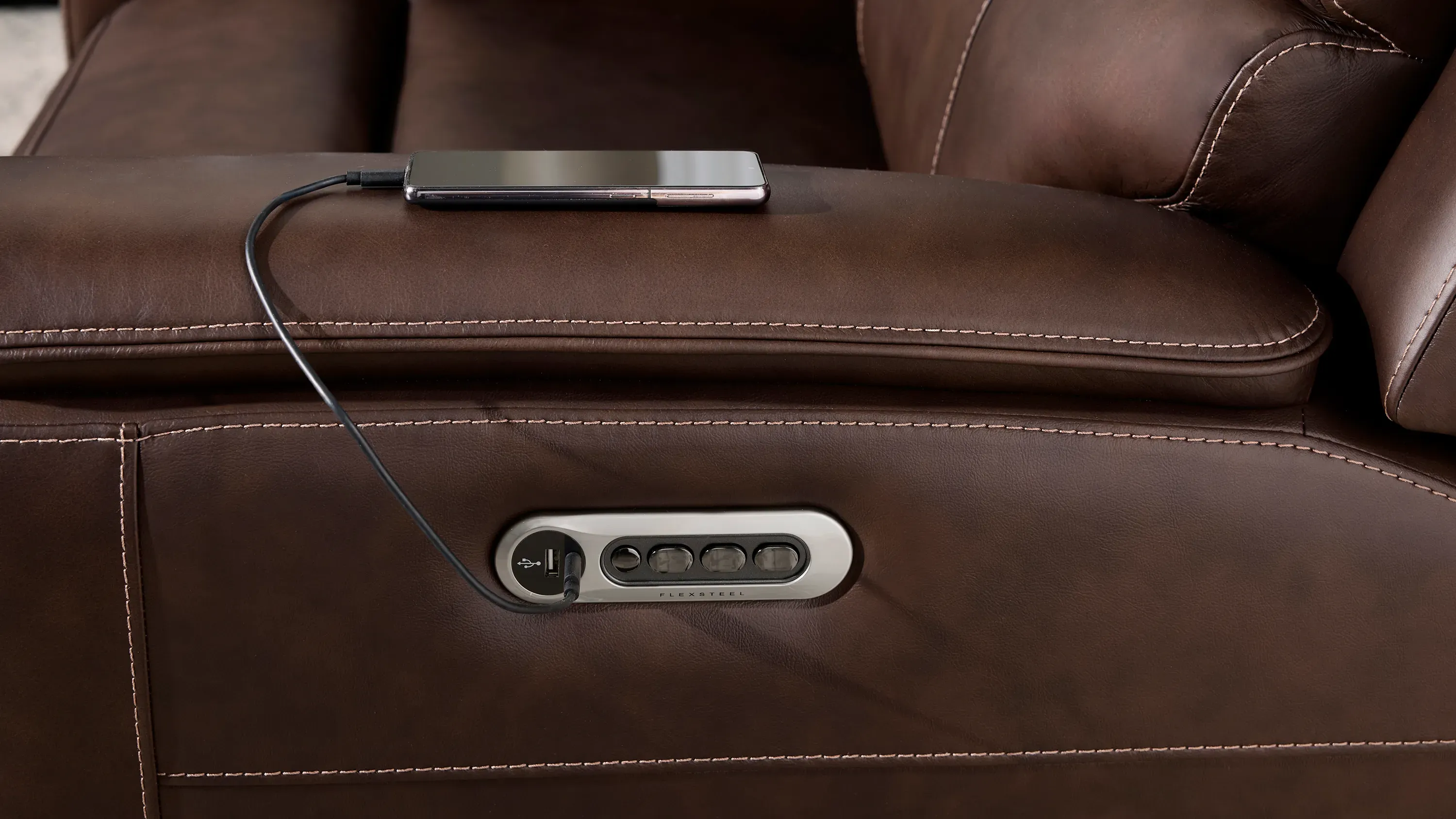 Henrick Triple Power Leather Console Loveseat | Raymour & Flanigan