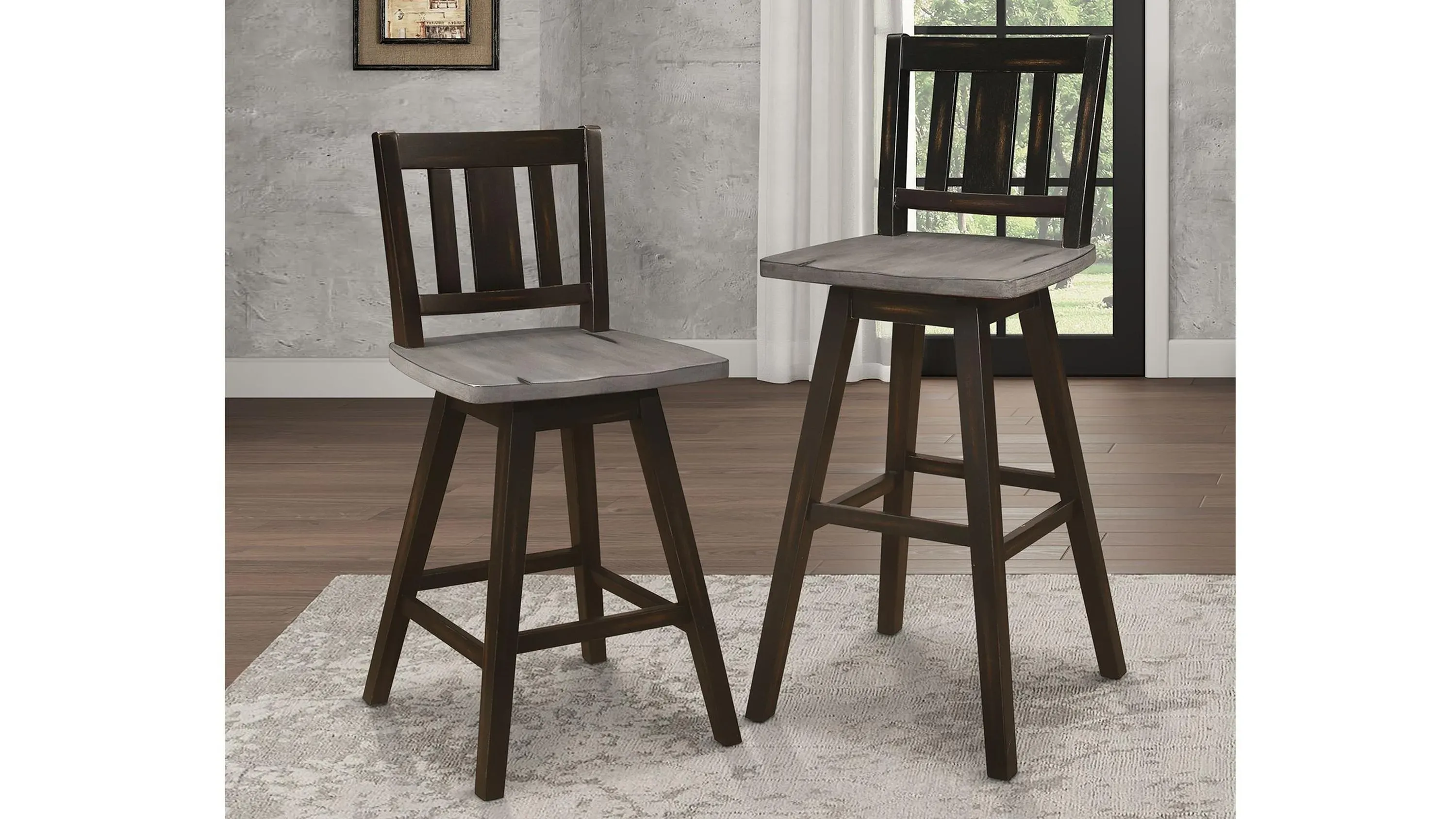 Trouvaille Bar Height Swivel Chair With Slat Back - Set of 2 Distressed Gray and Black Product_Image_Carousel