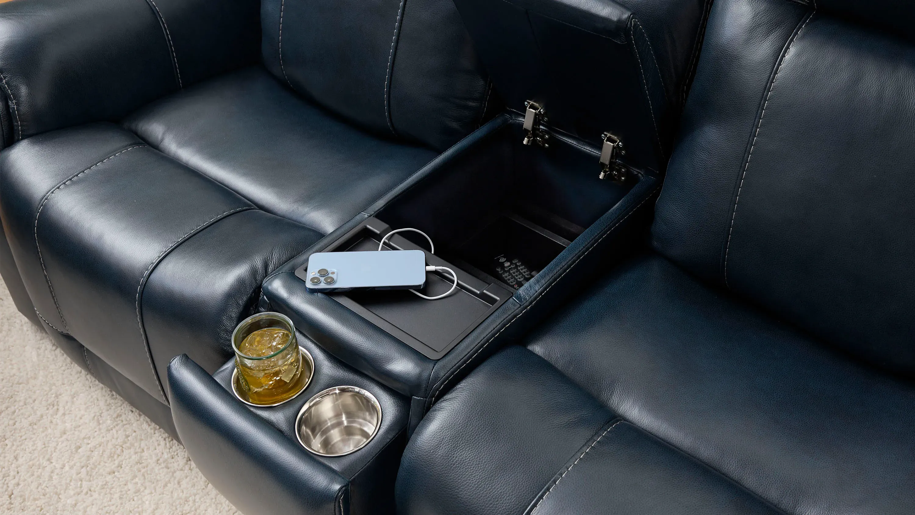 Barnett Leather Layflat Power Console Loveseat w/ Power Headrest