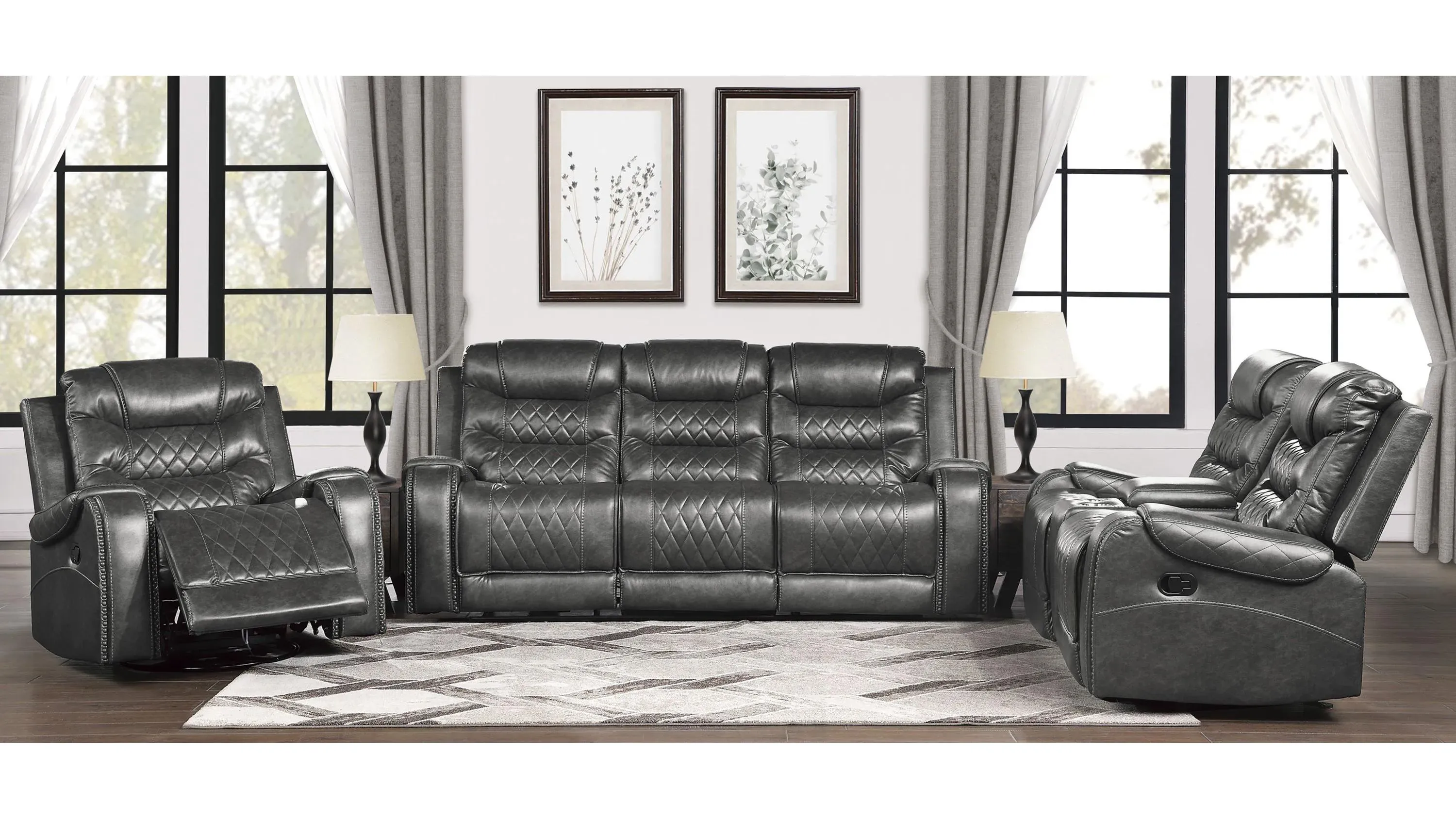 Homelegance Putnam Gray Double Reclining Sofa with Drop Down Table