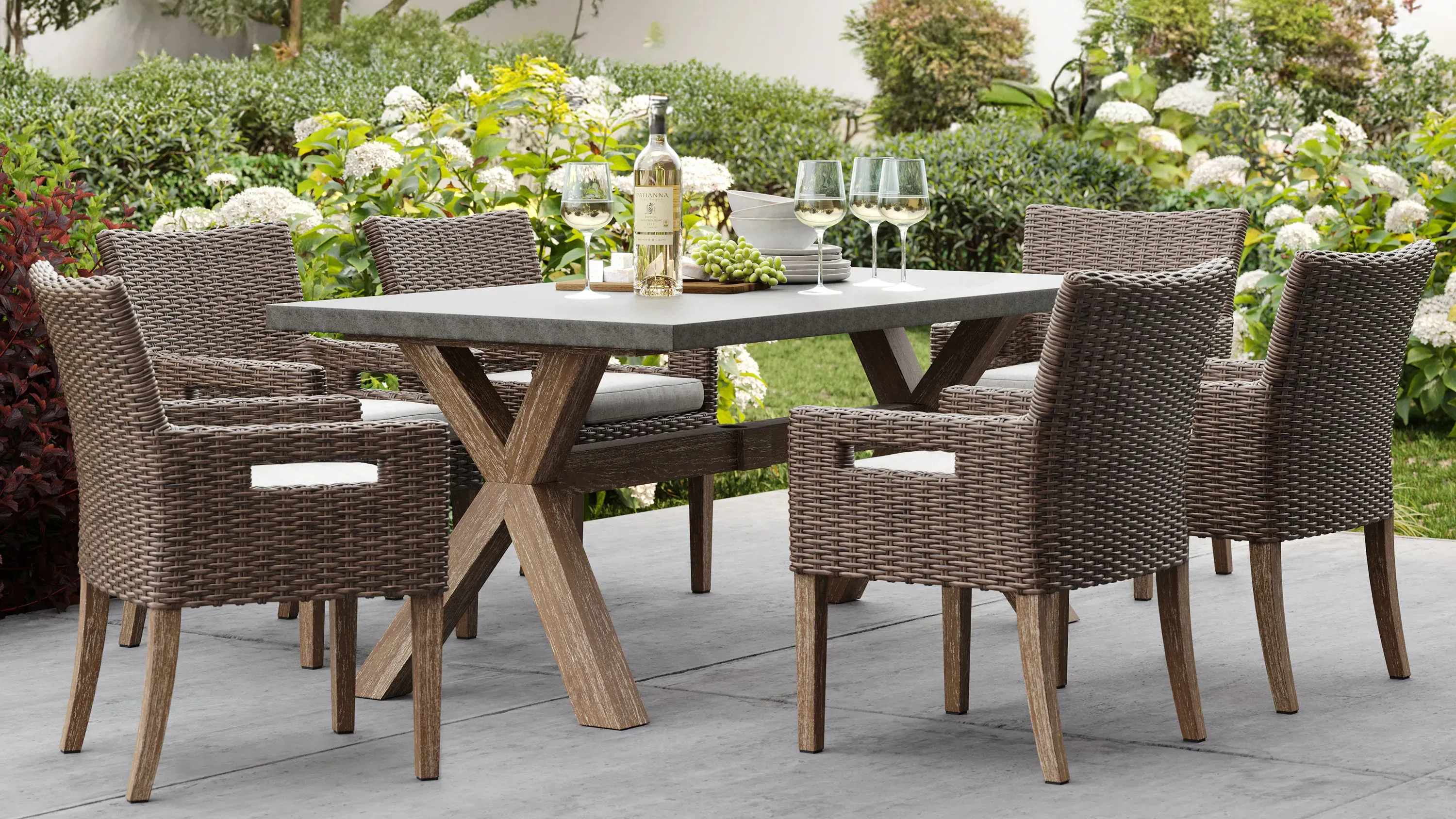 Nautical 7 pc. Wicker and Eucalyptus Rectangle Outdoor Dining Set
