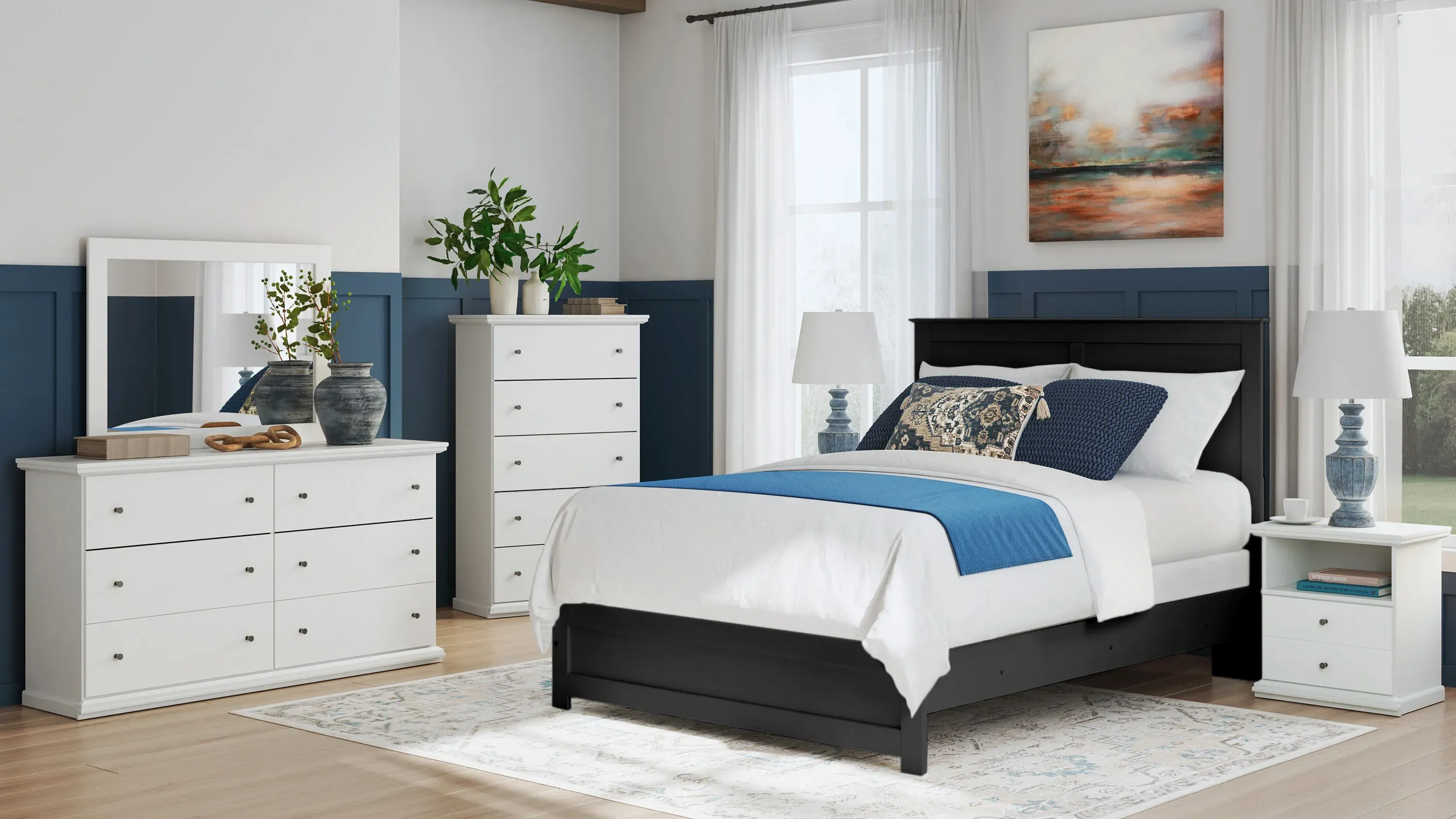 Ashley Furniture Bostwick Shoals White Full Panel Bed, Dresser, Mirror, Chest, and Nightstand