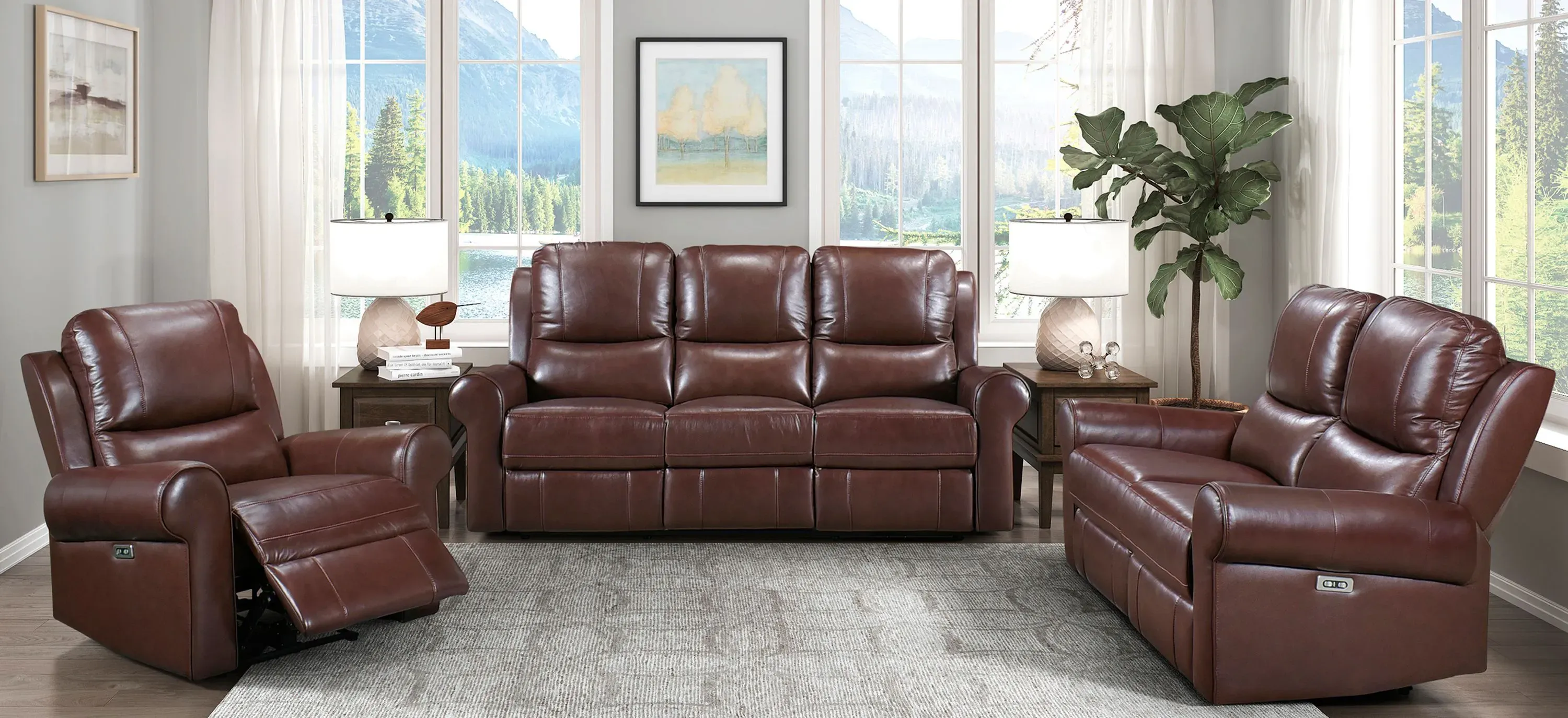 Lexicon McCall Leather Match Power Double Reclining Sofa in Brown
