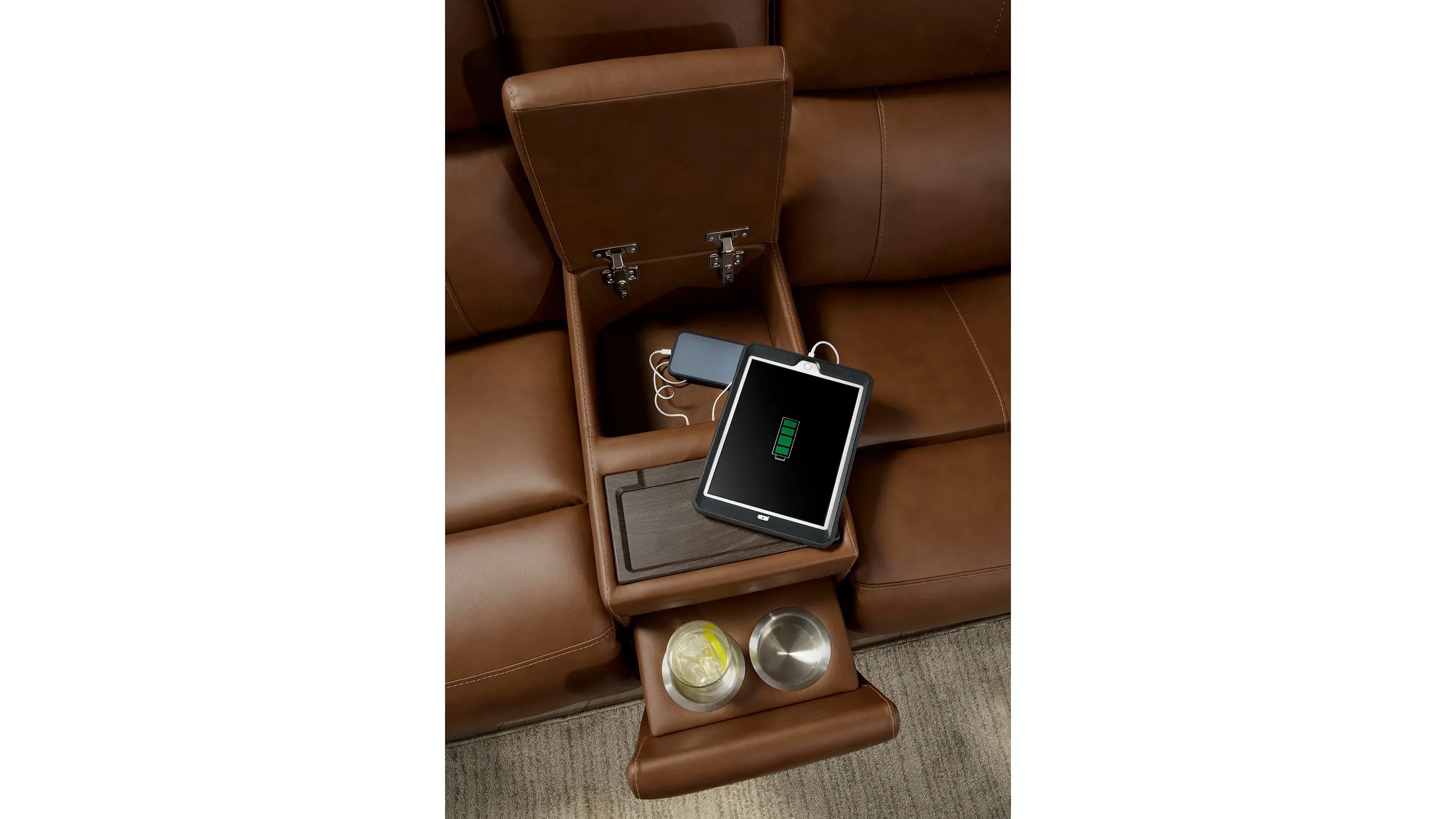 Henrick Triple Power Leather Console Loveseat | Raymour & Flanigan