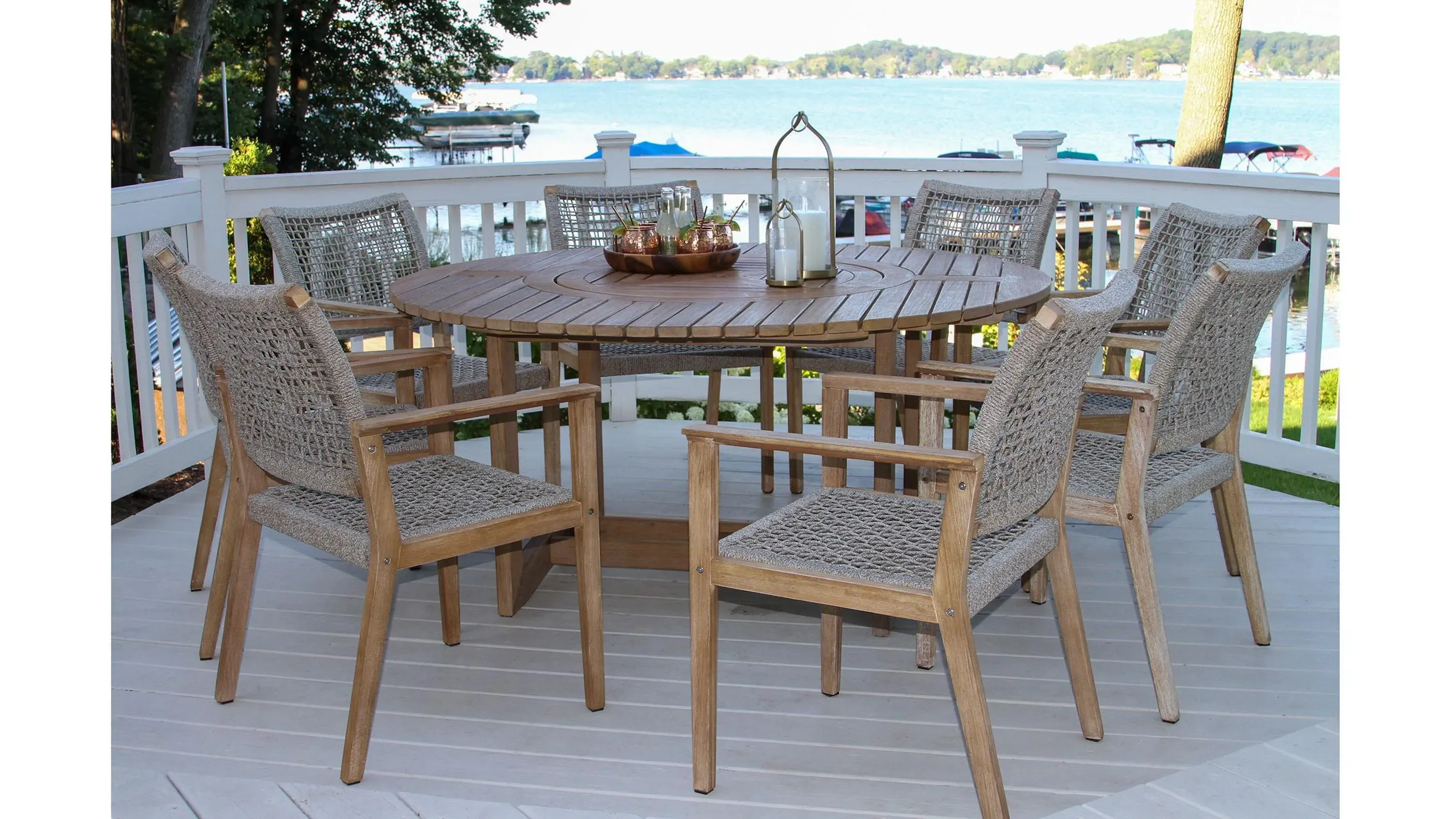 Nautical 9-pc.. Lazy Susan Table with Rope Chairs | Raymour \u0026 Flanigan, image size:3000x1688