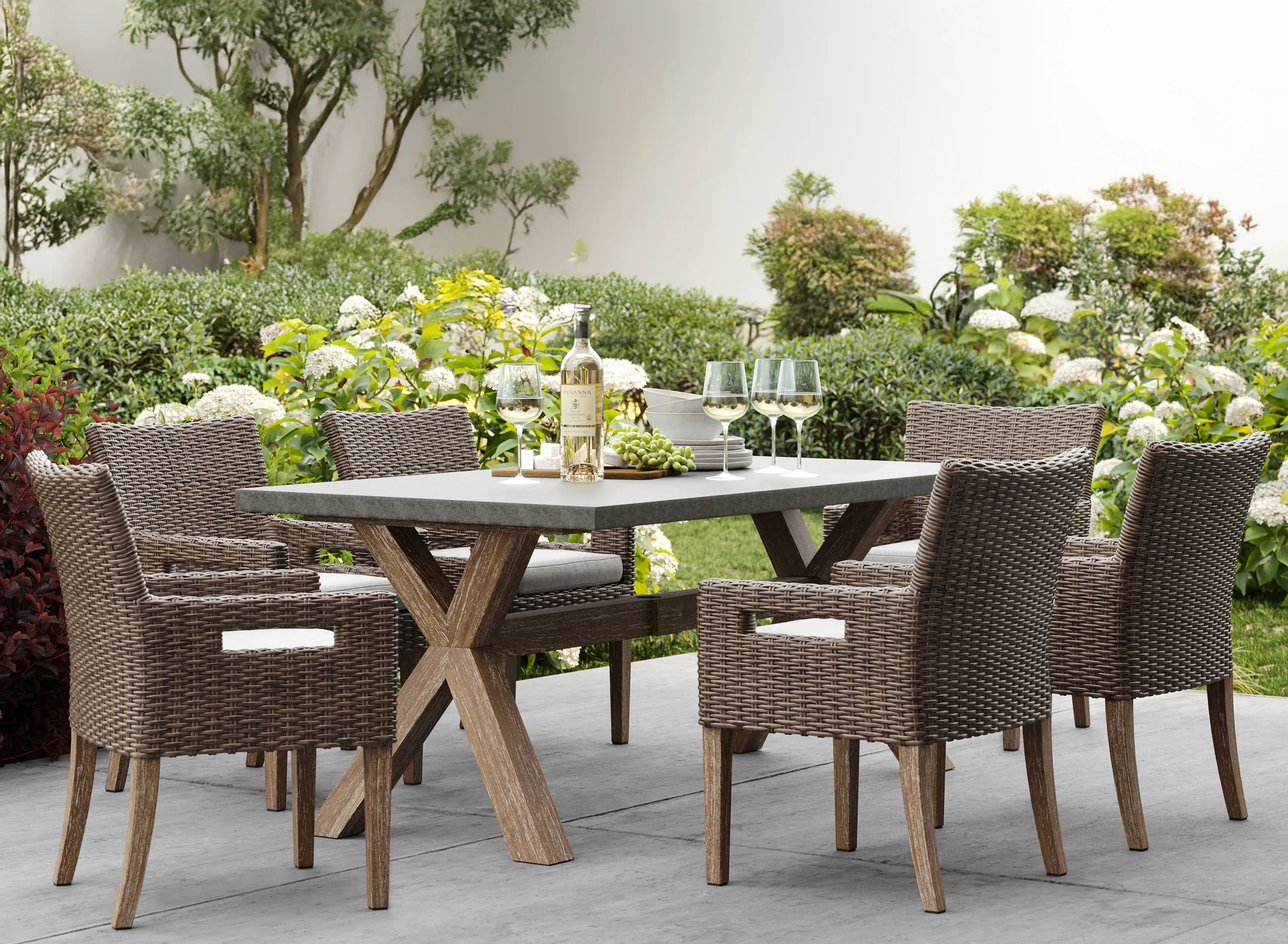Nautical 7-pc. Wicker and Eucalyptus Rectangle Outdoor Dining Set