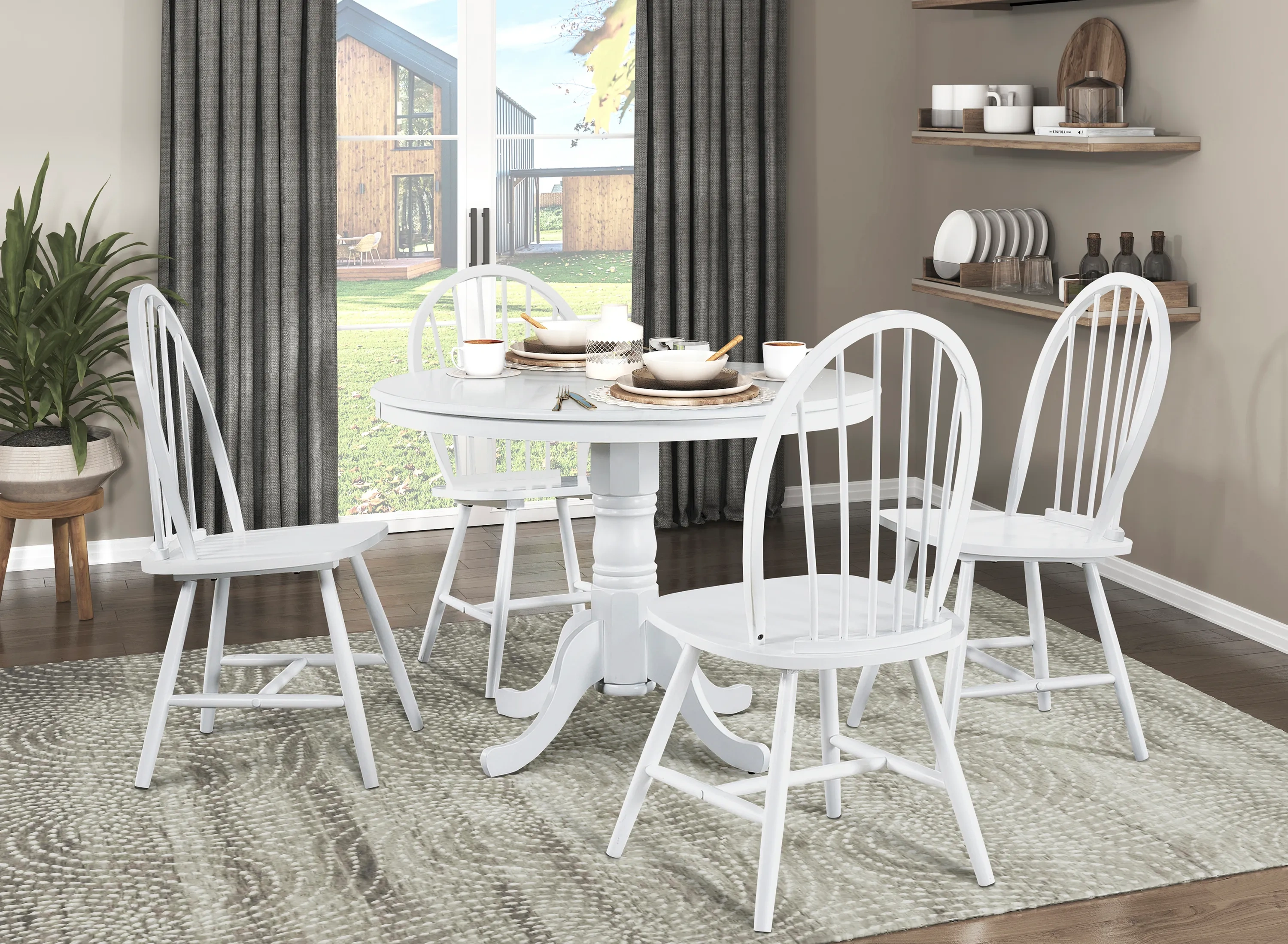 SUNMORYSHOP 5 Piece Round Dining Set with Windsor Back Chairs Pedestal Base Farmhouse Style for Casual Dining or Breakfast Nook White